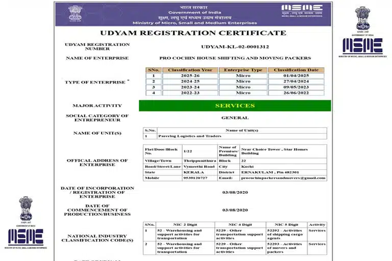 msme registration certificate pro cochin